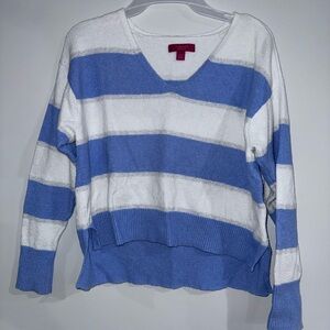 Jennifer Lopez Blue and White V-Neck Sweater